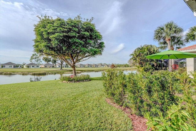 view of yard with a water view