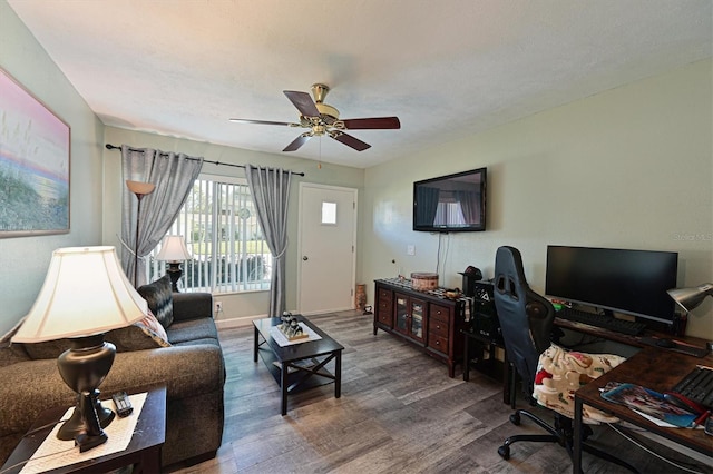 office featuring ceiling fan, a textured ceiling, and hardwood / wood-style flooring