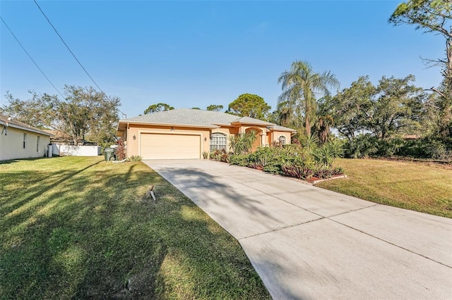 single story home with a front yard and a garage