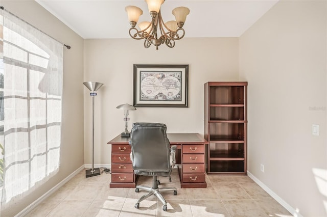 office area featuring a chandelier, a healthy amount of sunlight, and light tile patterned flooring