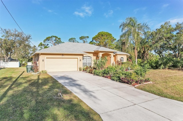 view of front of home with a garage and a front lawn