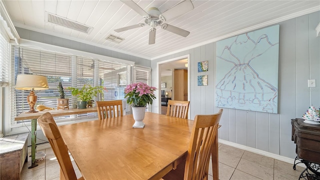 tiled dining area featuring ceiling fan, wooden ceiling, wood walls, and ornamental molding