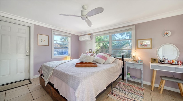 bedroom with a wall mounted air conditioner, ceiling fan, ornamental molding, and light tile patterned floors