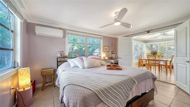 bedroom featuring multiple windows, light tile patterned flooring, a wall mounted AC, and ceiling fan