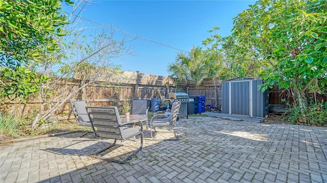 view of patio / terrace featuring area for grilling and a storage unit