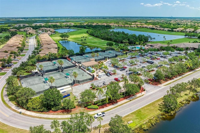 bird's eye view with a water view