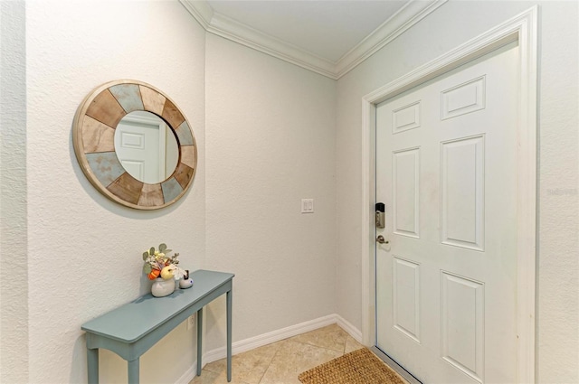 doorway to outside with ornamental molding and light tile patterned flooring