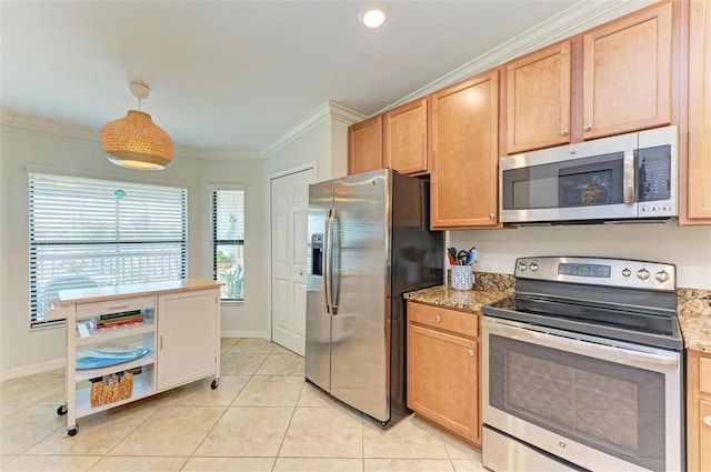 kitchen featuring pendant lighting, appliances with stainless steel finishes, crown molding, and stone countertops