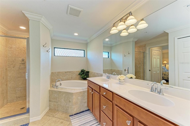 bathroom featuring crown molding, tile patterned floors, independent shower and bath, and vanity