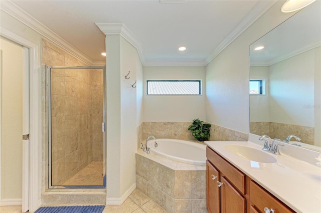 bathroom with tile patterned flooring, vanity, crown molding, and plus walk in shower