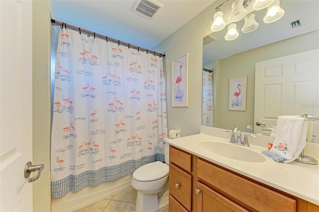 full bathroom with vanity, toilet, tile patterned flooring, and shower / bath combo with shower curtain