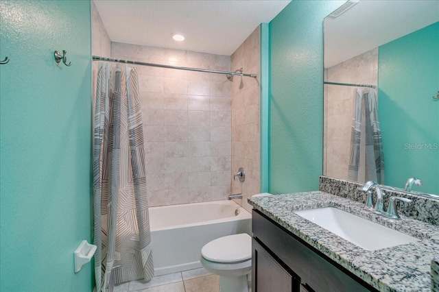 full bathroom featuring toilet, tile patterned flooring, shower / bathtub combination with curtain, and vanity