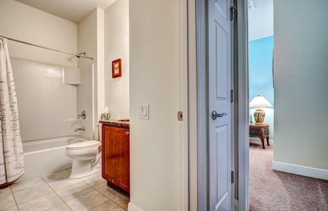 full bathroom featuring toilet, shower / bath combination with curtain, tile patterned floors, and vanity