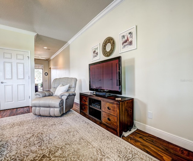 sitting room with dark wood-type flooring, a textured ceiling, and crown molding