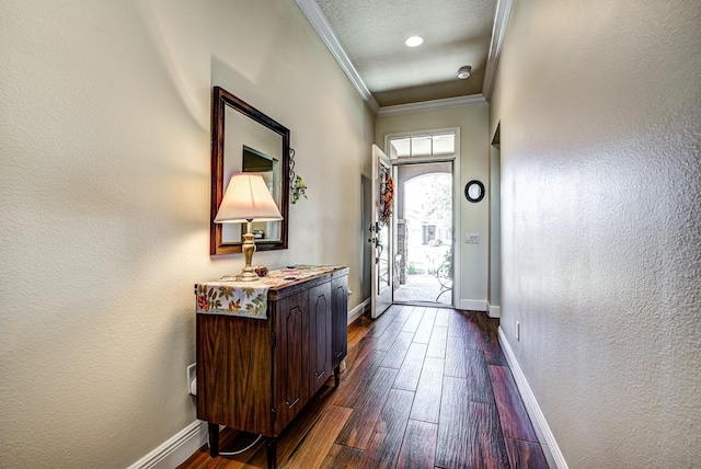 doorway with baseboards, dark wood-style flooring, a textured wall, and ornamental molding