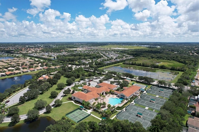 bird's eye view with a water view