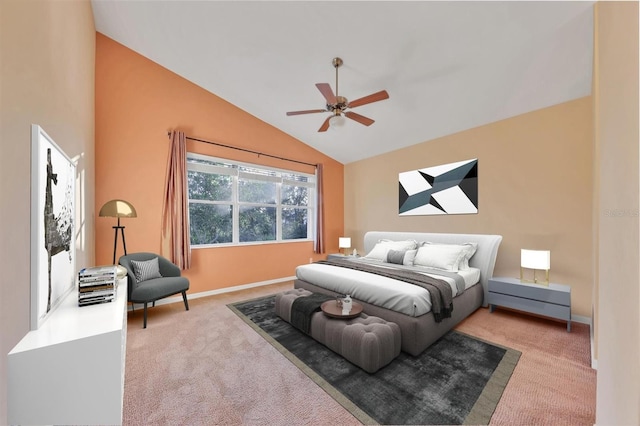 bedroom with ceiling fan, light carpet, and high vaulted ceiling