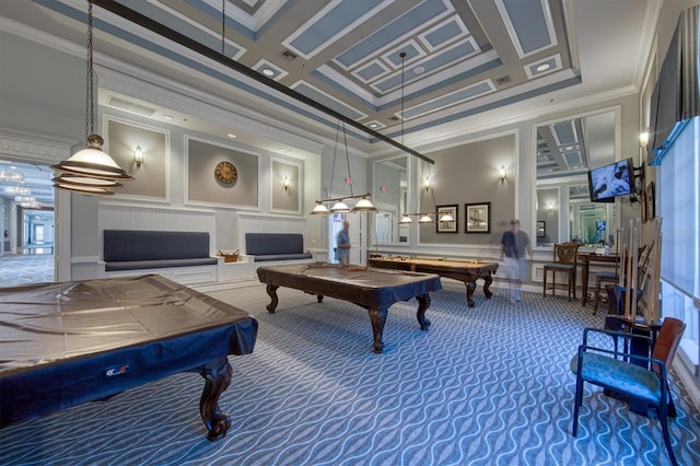 rec room featuring carpet, coffered ceiling, crown molding, a high ceiling, and pool table