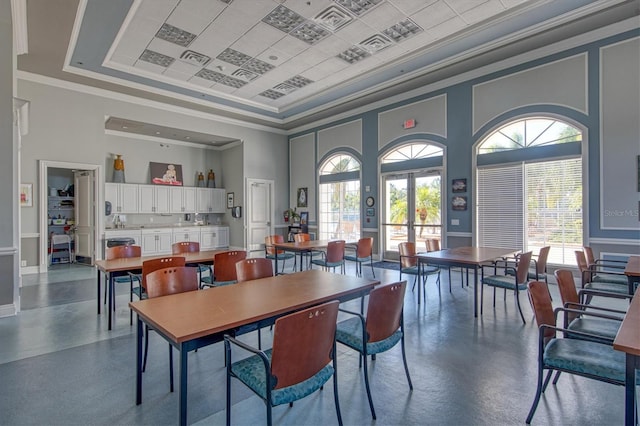 dining space with a high ceiling, a tray ceiling, and a healthy amount of sunlight