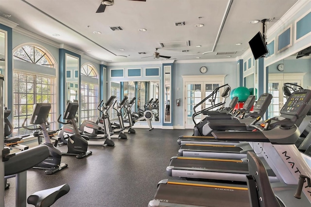 exercise room featuring french doors, ceiling fan, and ornamental molding