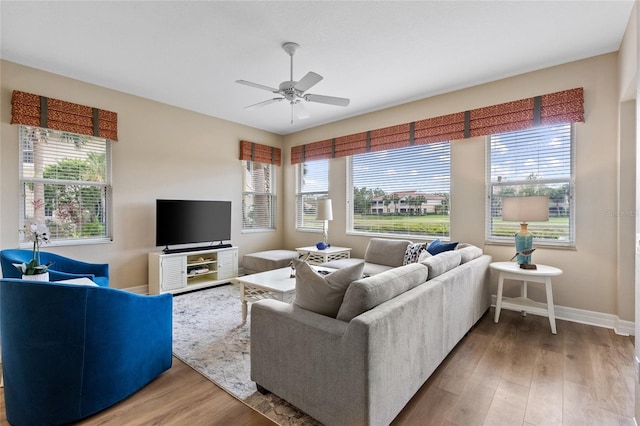 living room featuring ceiling fan and hardwood / wood-style floors