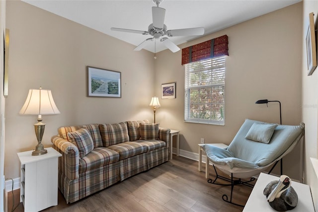 living room with hardwood / wood-style floors and ceiling fan