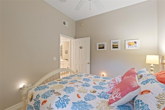 bedroom featuring vaulted ceiling and ceiling fan