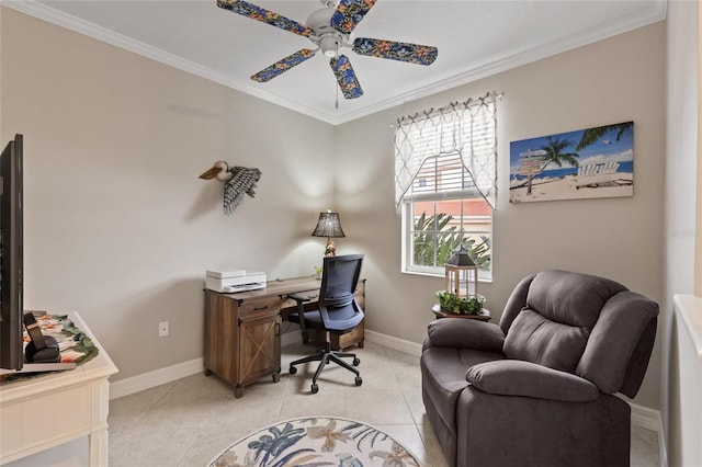 office space featuring ceiling fan, light tile patterned floors, and ornamental molding