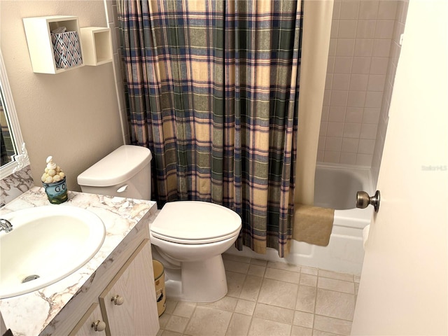 full bathroom with vanity, toilet, and shower / tub combo with curtain