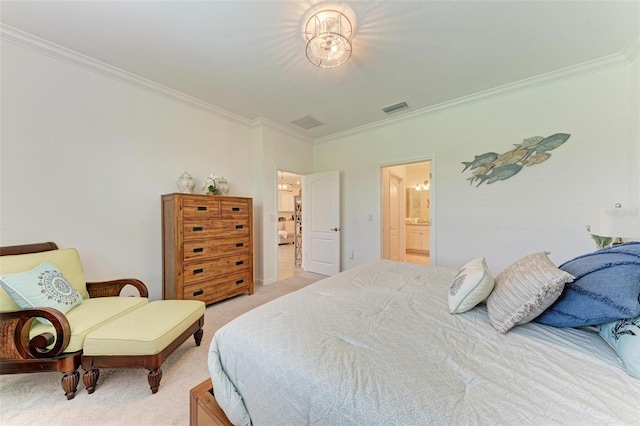 carpeted bedroom featuring ensuite bathroom and crown molding