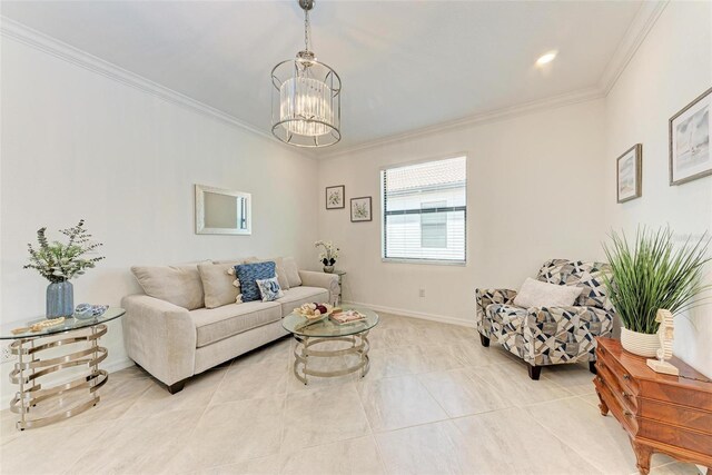 tiled living room featuring crown molding and a notable chandelier