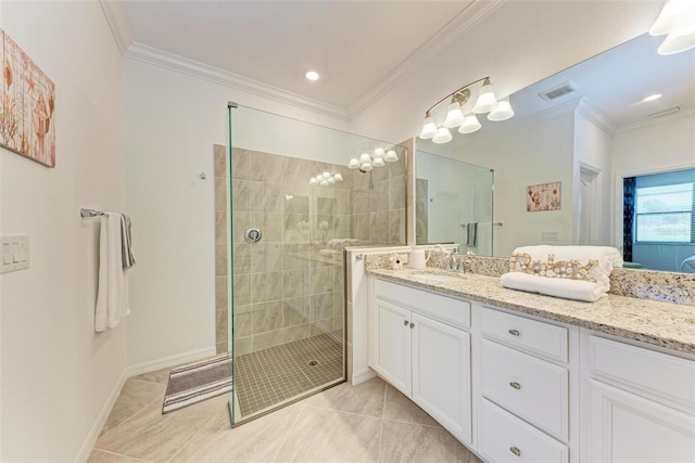 bathroom featuring tiled shower, vanity, and ornamental molding