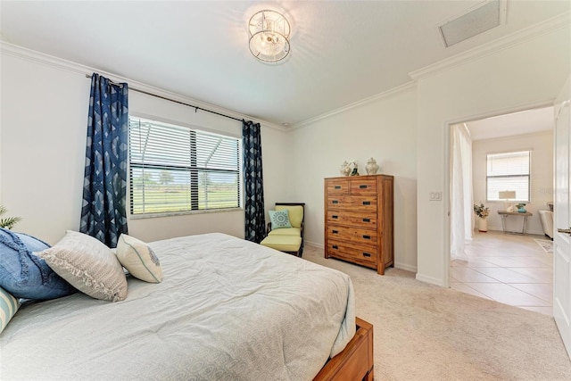 bedroom featuring light colored carpet and crown molding