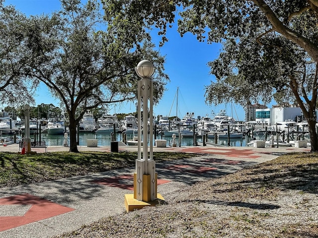 view of property's community featuring a water view and a dock