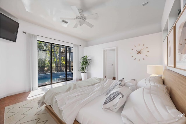 bedroom featuring access to outside and ceiling fan