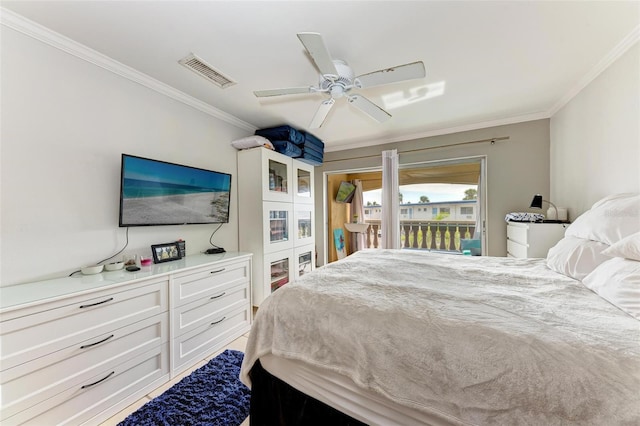 bedroom with access to exterior, ceiling fan, and ornamental molding