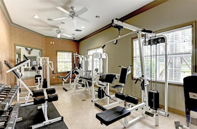 gym with plenty of natural light, crown molding, and ceiling fan