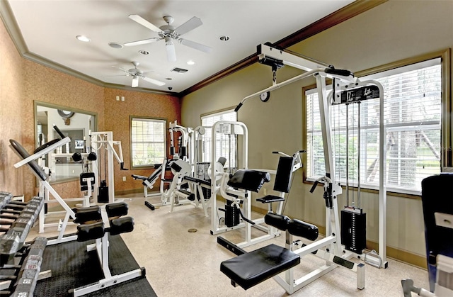 1195 Villagio Cir Unit 201, Sarasota, FL 34237 - exercise room with ornamental molding, baseboards, ceiling fan, and recessed lighting