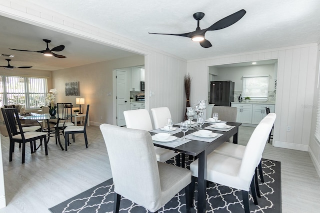 dining room with ceiling fan and light hardwood / wood-style flooring