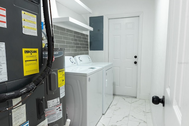 laundry room with separate washer and dryer, electric water heater, heating unit, and electric panel