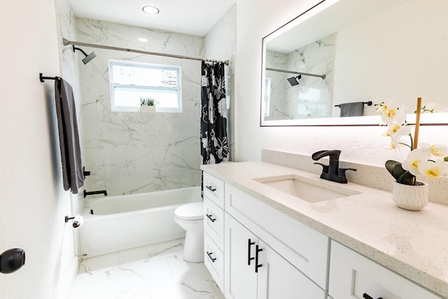 full bathroom featuring vanity, toilet, and shower / bathtub combination with curtain