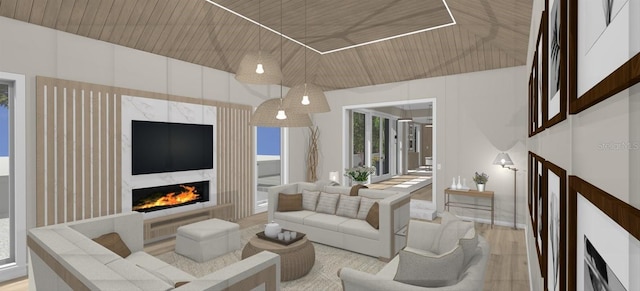 living room with a high end fireplace and wood ceiling