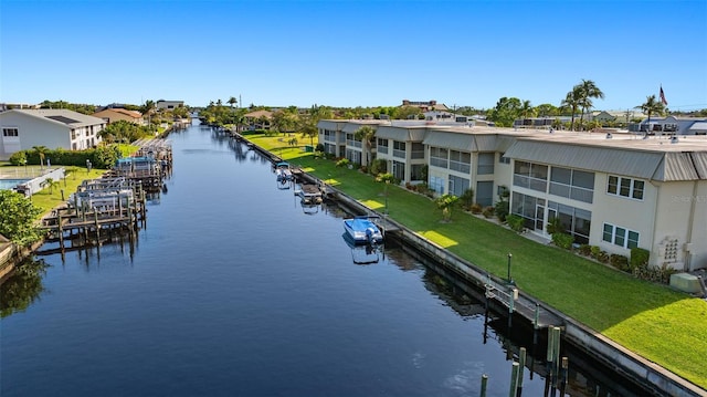 water view featuring a dock