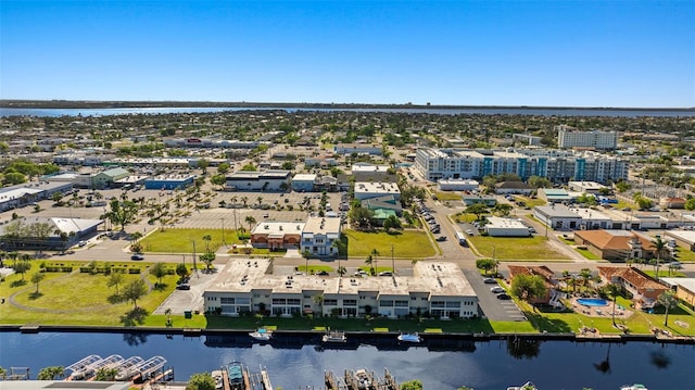 drone / aerial view featuring a water view