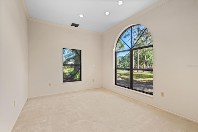 unfurnished room featuring light carpet and ornamental molding