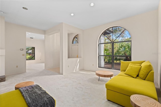 living area with light carpet