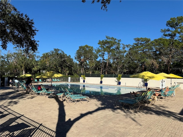 view of swimming pool featuring a patio