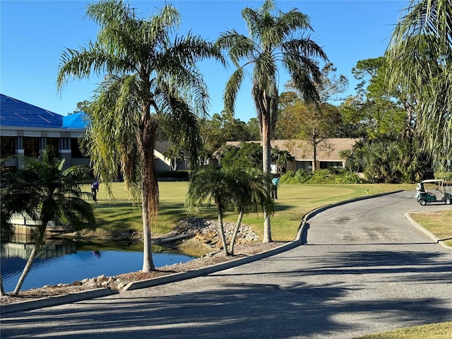 view of road with a water view