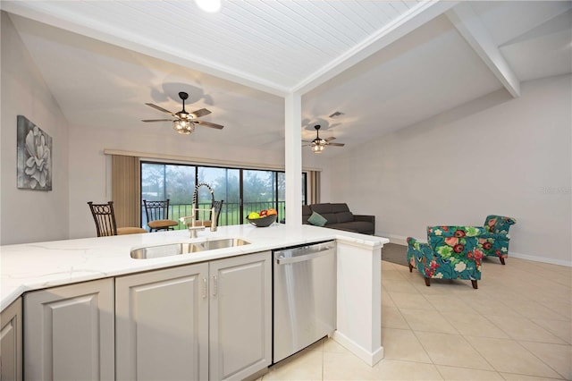 kitchen with ceiling fan, dishwasher, light tile patterned flooring, and sink