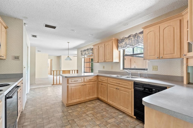 kitchen with dishwasher, electric stove, hanging light fixtures, light brown cabinetry, and kitchen peninsula